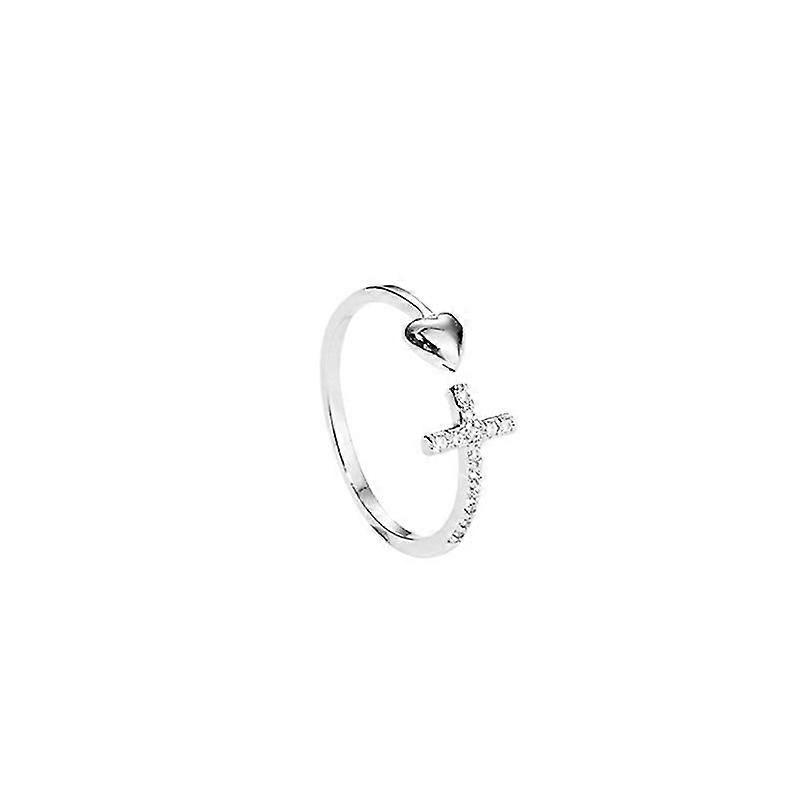 Silver Heart-shaped Cross Ring With Open Heart And Diamonds