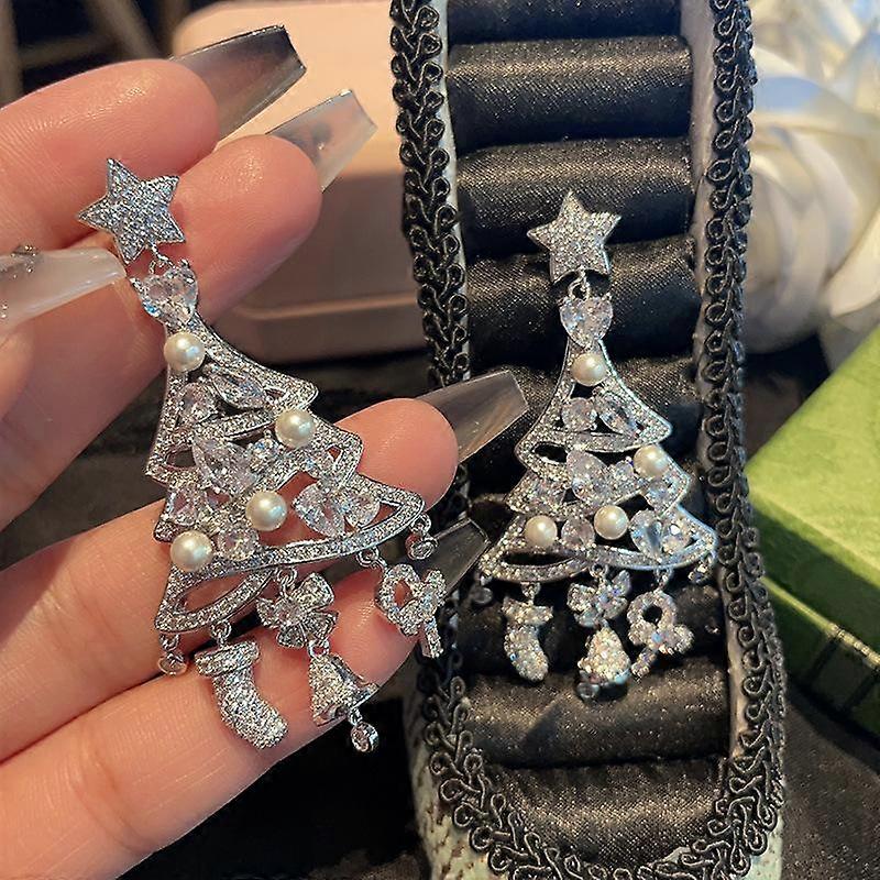 Festive Christmas Tree Earrings Personalized Pearl Pentagram Socks Bells Micro Zircon Holiday Earrings