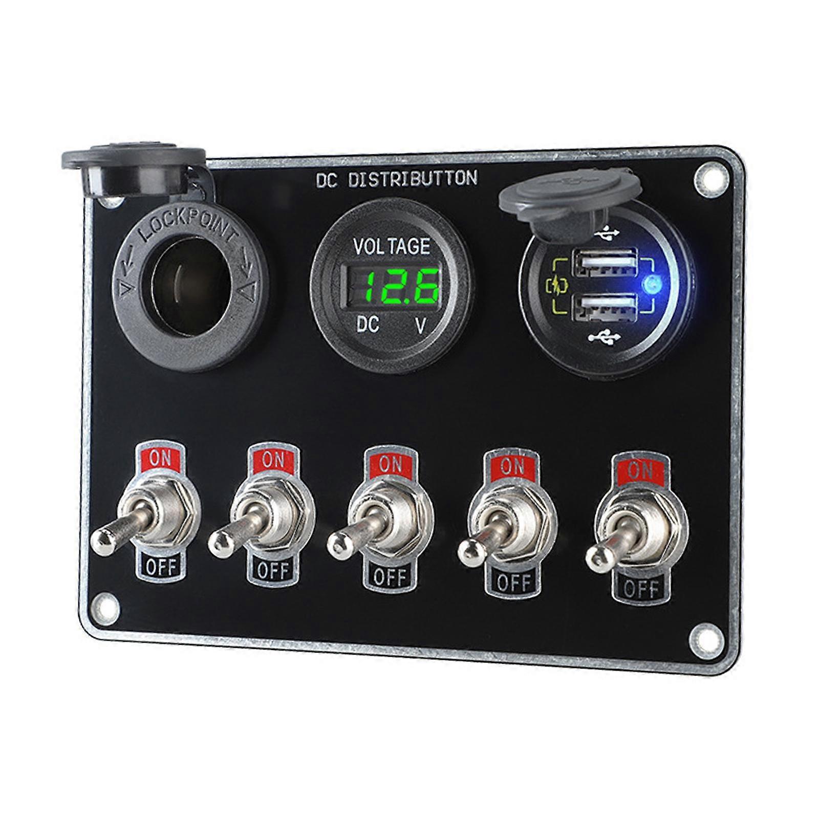 Car 5 Gang Boat Switch Panel Waterproof Dual USB Multi-Function Red Light