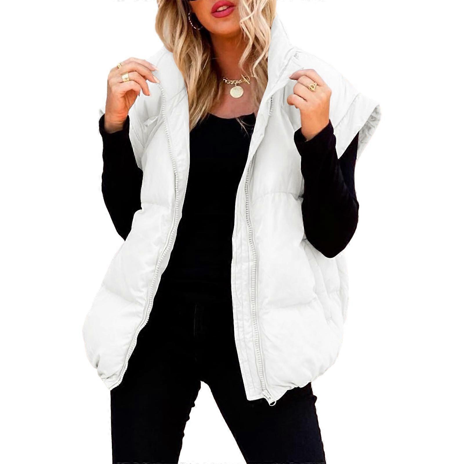 Pufferväst för kvinnor Vintervarm pufferväst ärmlös ytterkläder lättvikt dragkedja stand krage dunväst rockar vit XL