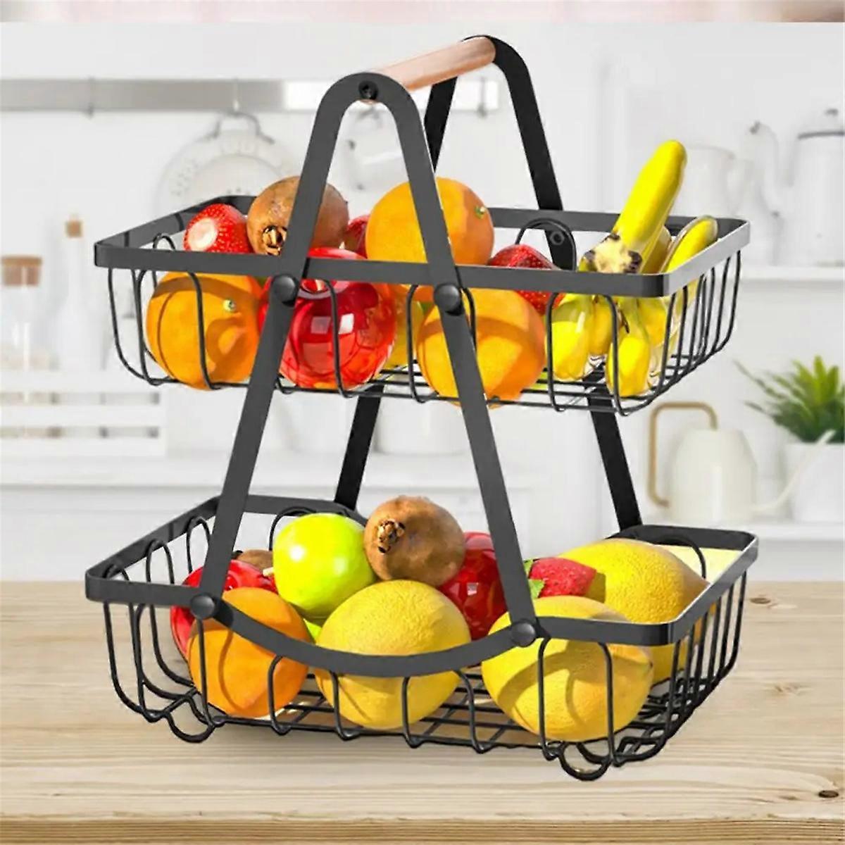 Corbeille de fruits à double couche avec poignée en bois Support de rangement multifonctionnel Organisateur de comptoir Lourd