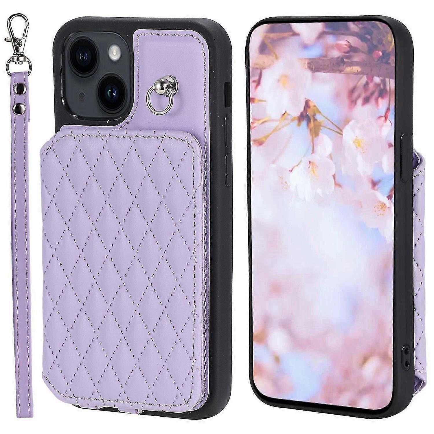 Style 008 For iPhone 15 Plus RFID Blocking Case Drop Resistant PU+TPU Phone Shell with Wrist Strap