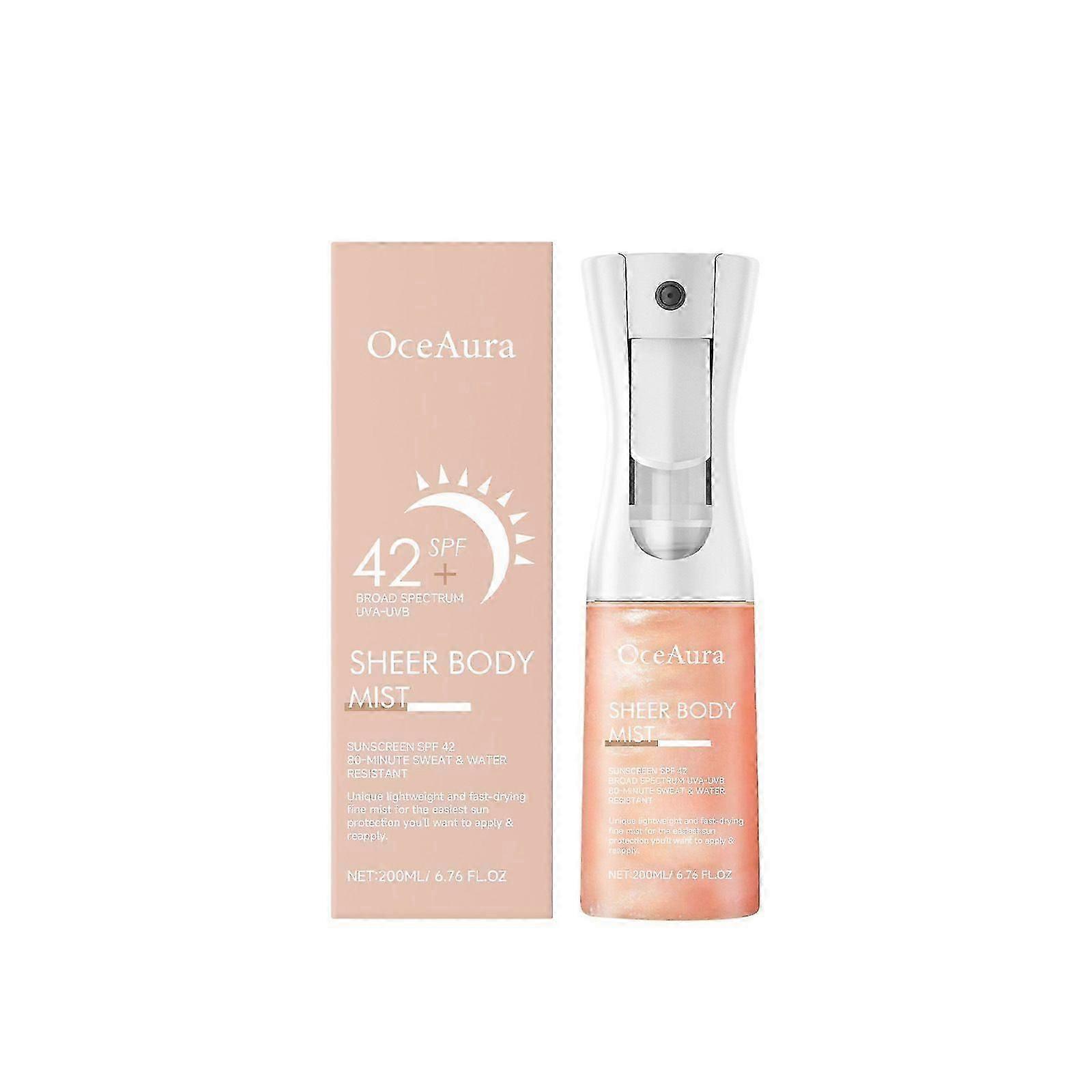 200ml Sheer Body Mist Sunscreen SPF 42, Infused with Shimmering Body Oil - 80 Minute Sweat & Water Resistant - Hydrating Mist, Hydrates, Brightens, Ma