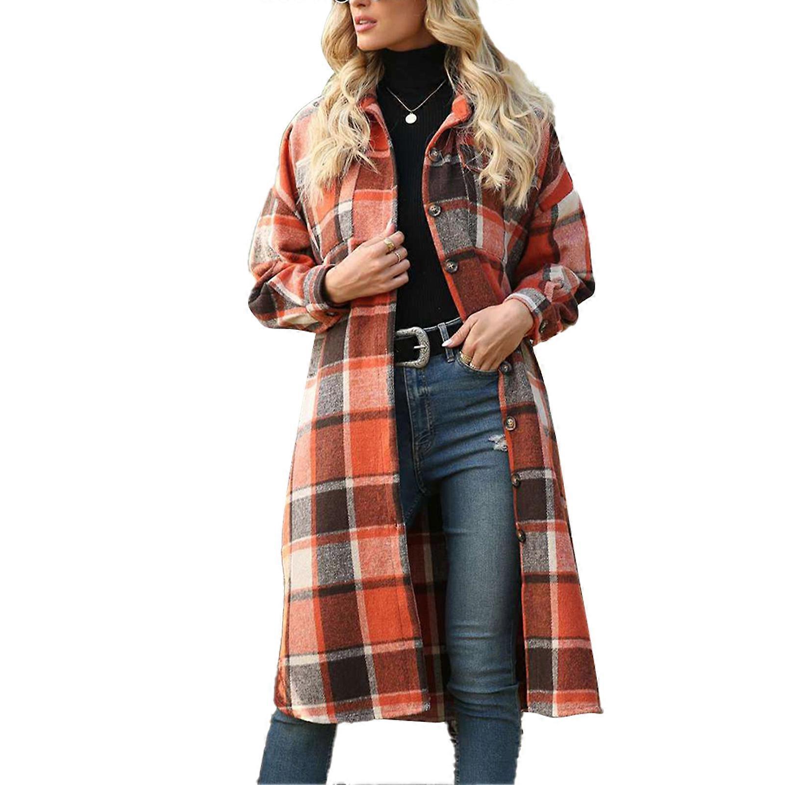 Women Coat Plaid Printed Split Hem Turn Down Collar Single Row Button Loose Pocketed Shacket