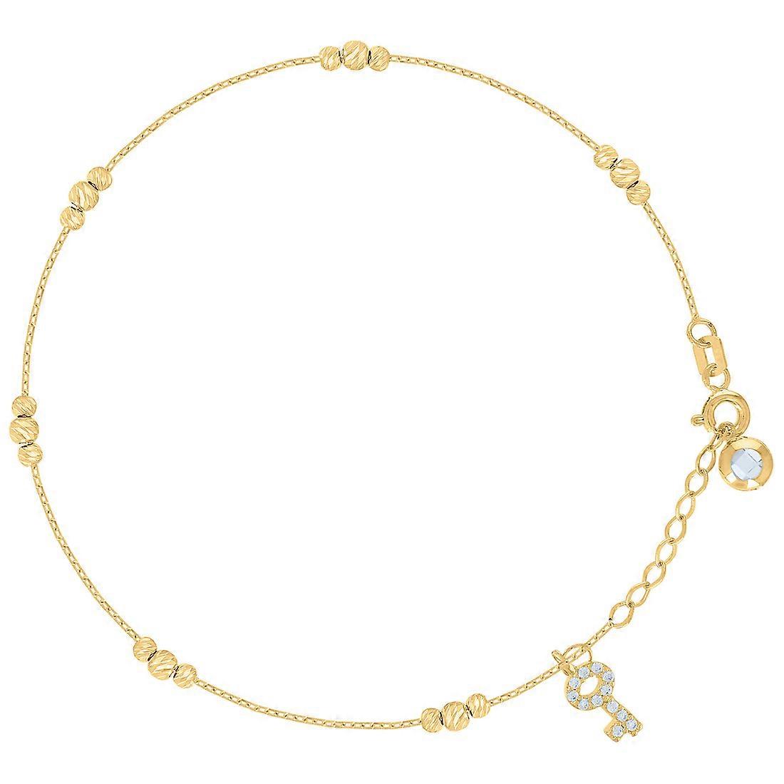 14Kイエローゴールドレディースキュービックジルコニアキーチャームビーズアンクレットブレスレット8インチ14.3mmロングアンクレット女性用