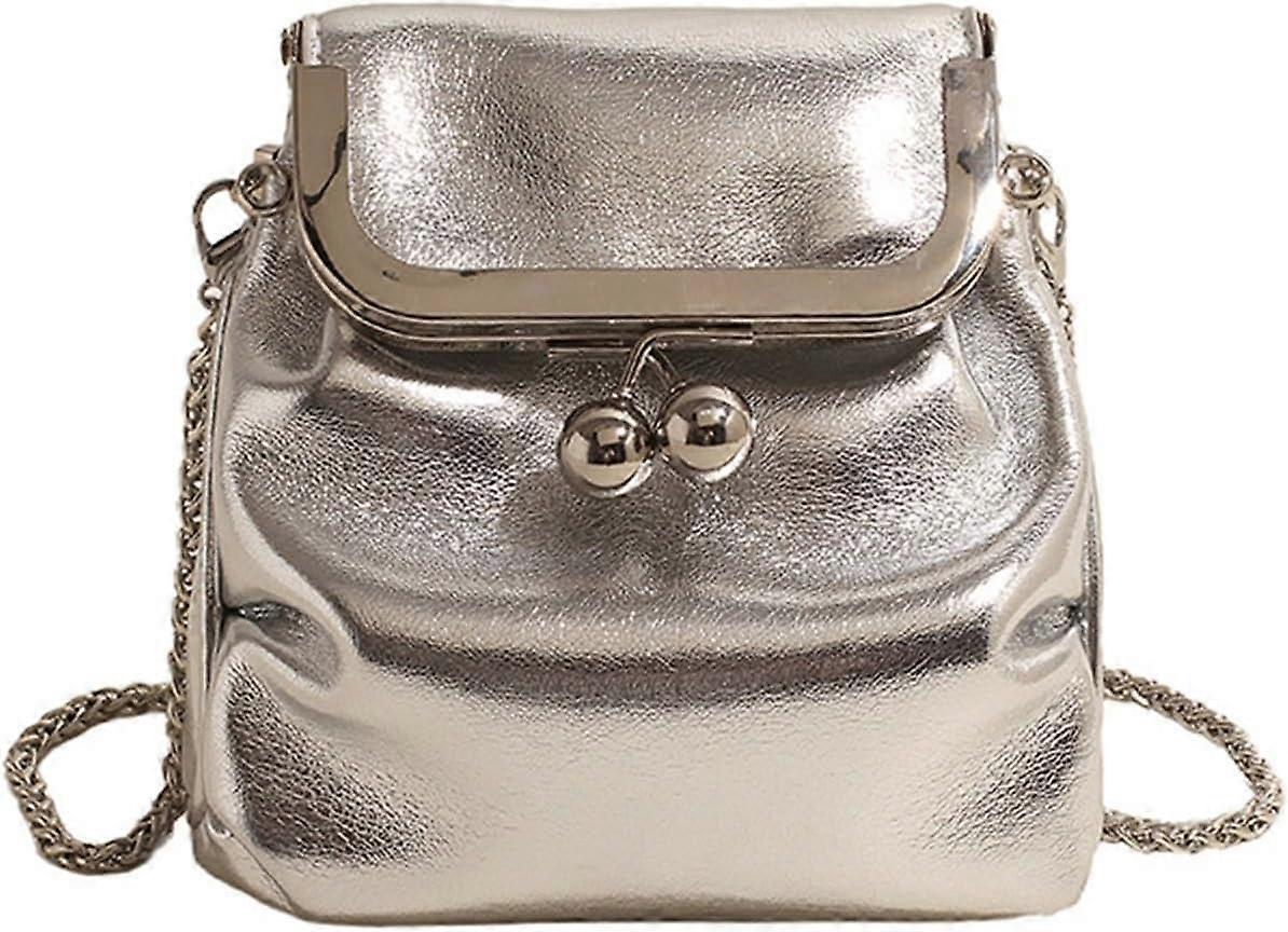 Pleated Shoulder Chain Crossbody bag, Clip Buckle Small Square Bag,shoulder bag (Silver)