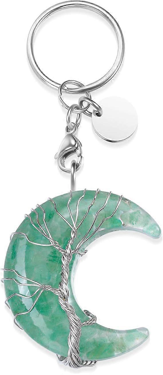 Chakra Healing Crystal Keychain Wrapped Natural Resin Crescent Moon Stone Keyring for Women Men