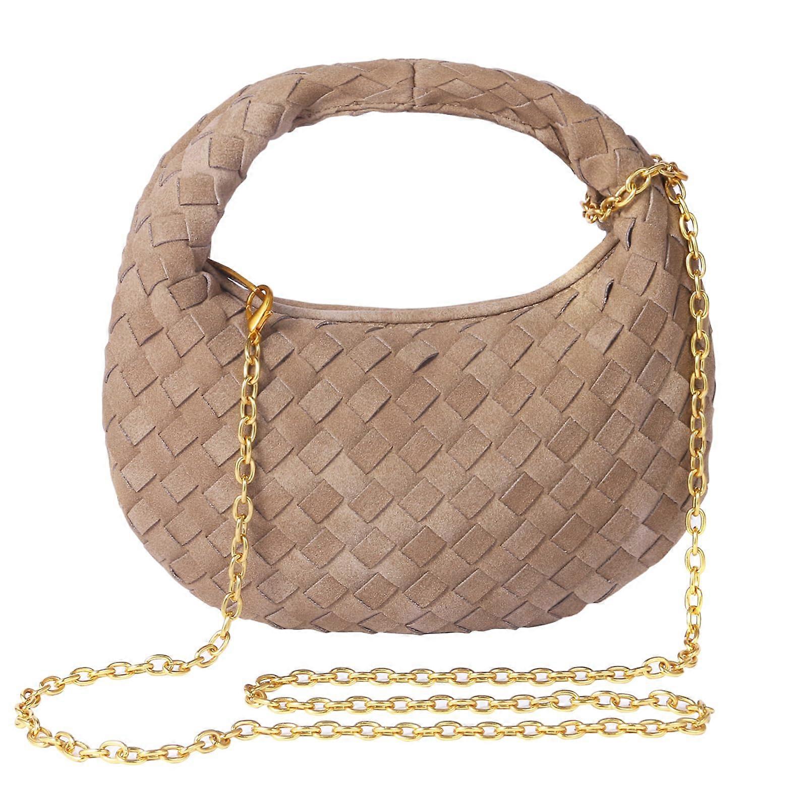 Woven Suede Top-Handle Dumpling Clutch Purse Bag Khaki With Detachable Chain Small Shoulder Bag 2024