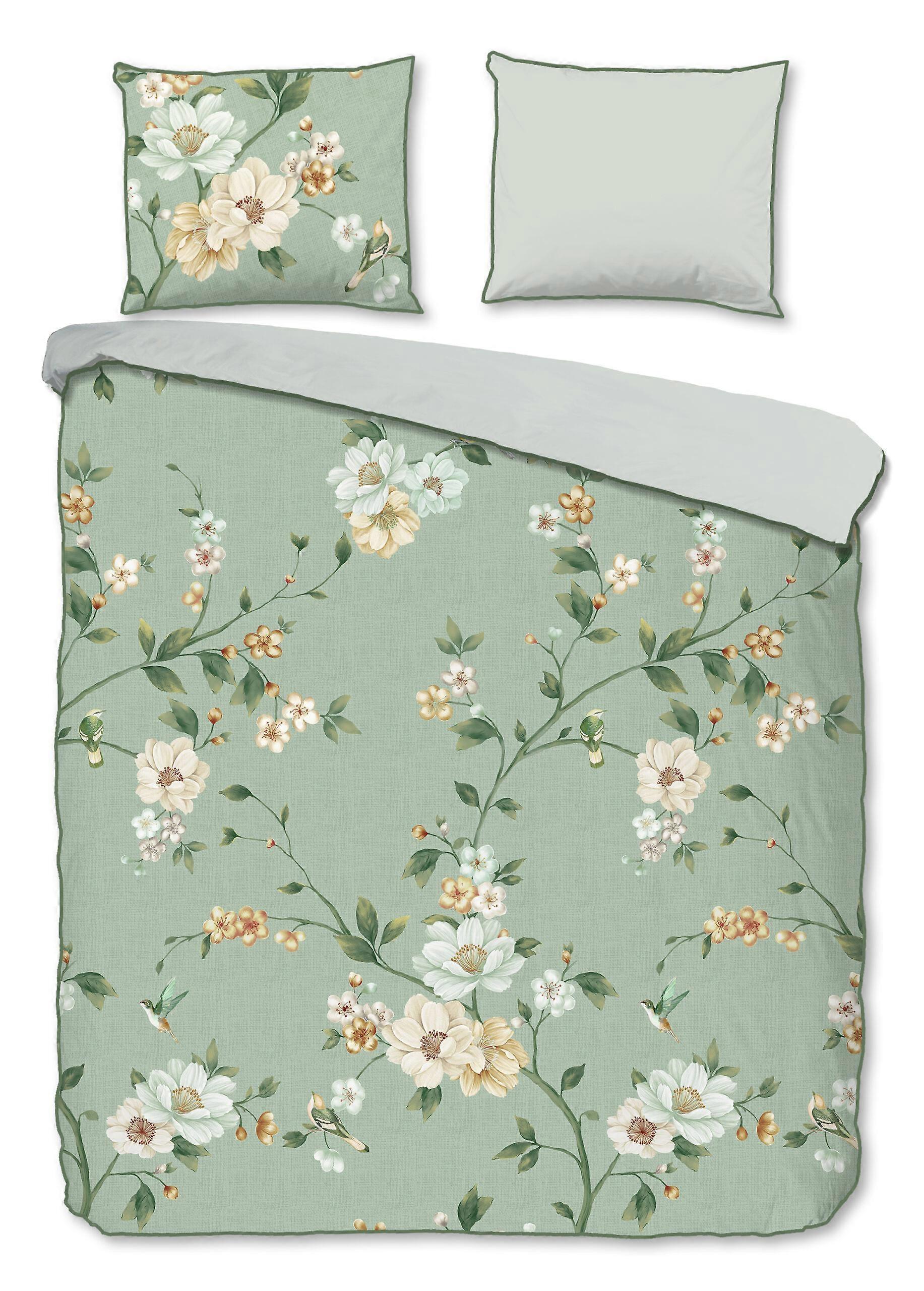 Descanso Housse de couette « fleurs » - Vert - (200x200/220 cm) - Satin de coton