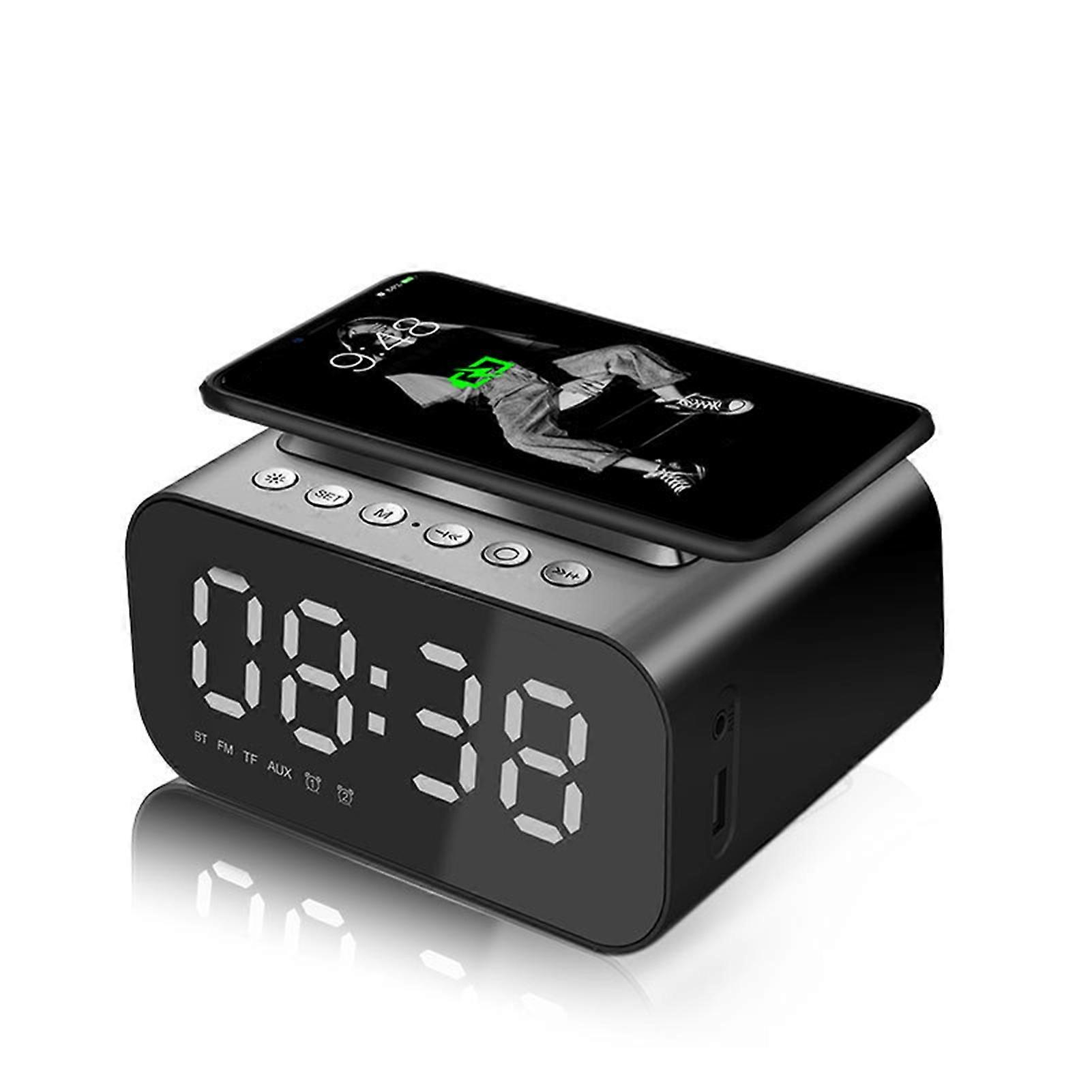 Clock Desktop Speake Wireless BT5.0 Speakers Wireless Charger Alarm Clock FM Radio MP3 Player Support TF Card AUX In Hands-free with Mic Digital Disp
