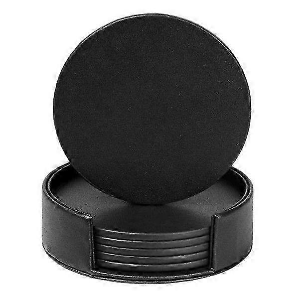 6-Pack Reversible Coasters Black PU Leather with Holder