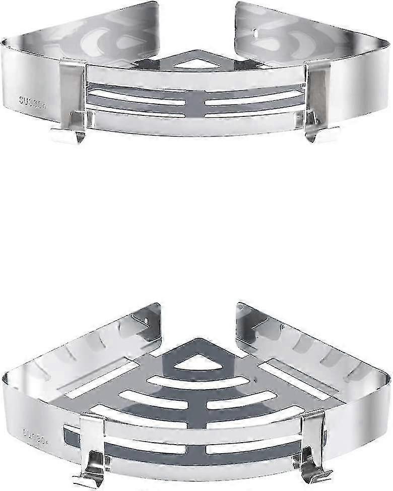 Showering Corner Shelf, Corner Tablet With Hooks For 2, Self-adhesive Glue, Stainless Steel 304--