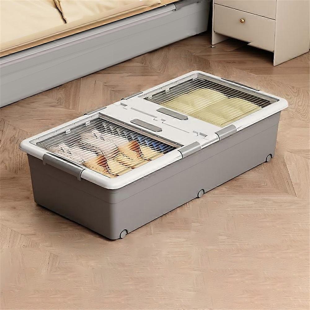 Under Bed Clothes Bedding PP Storage Box Foldable Double-Sided Lid Dustproof Organizer with Wheels, 100x50x23.5cm Grey