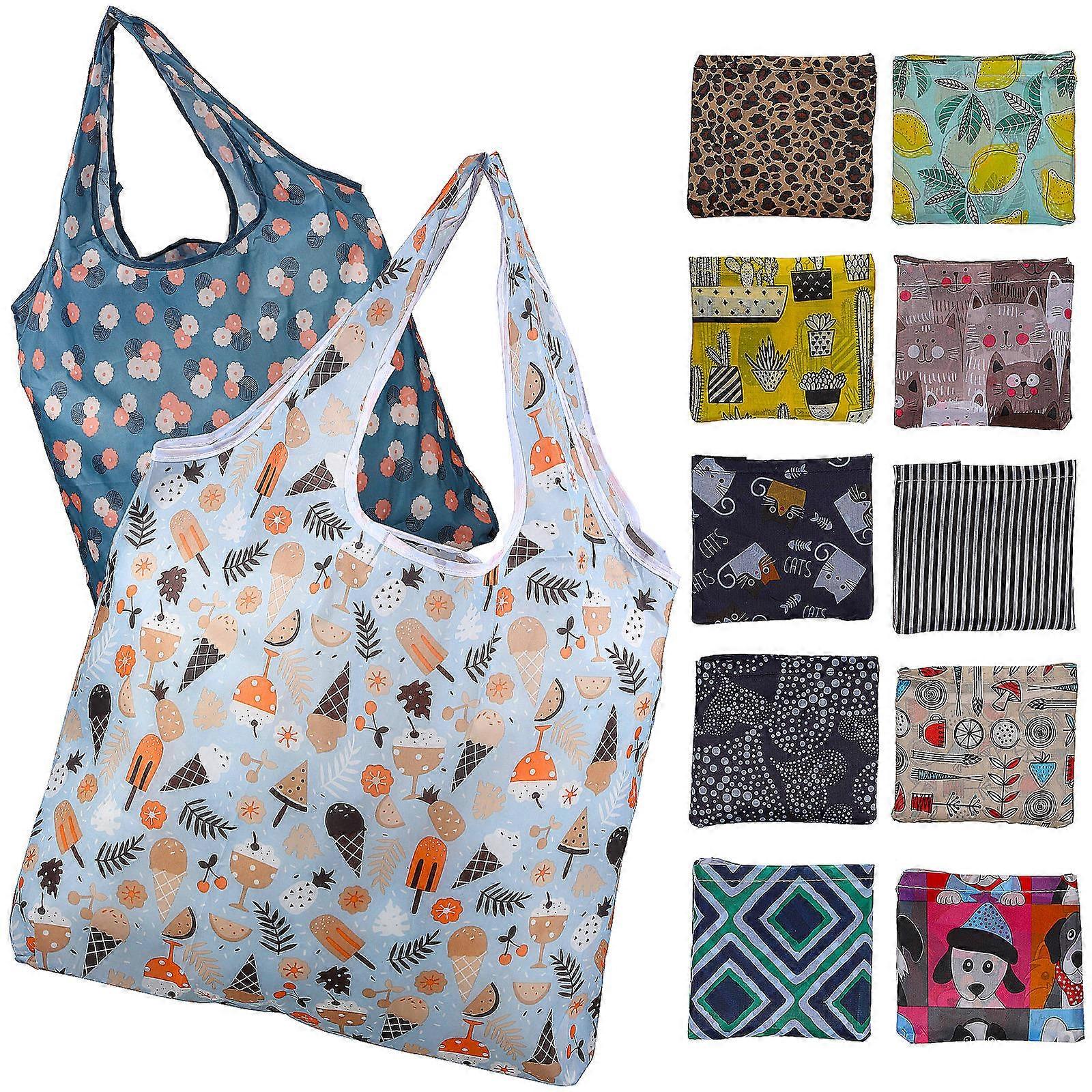 12 Pcs Reusable Patterned Foldable Shopping Tote Bags – Washable Grocery Bags for Daily Use, Beach, and Reliable Shopping Experience