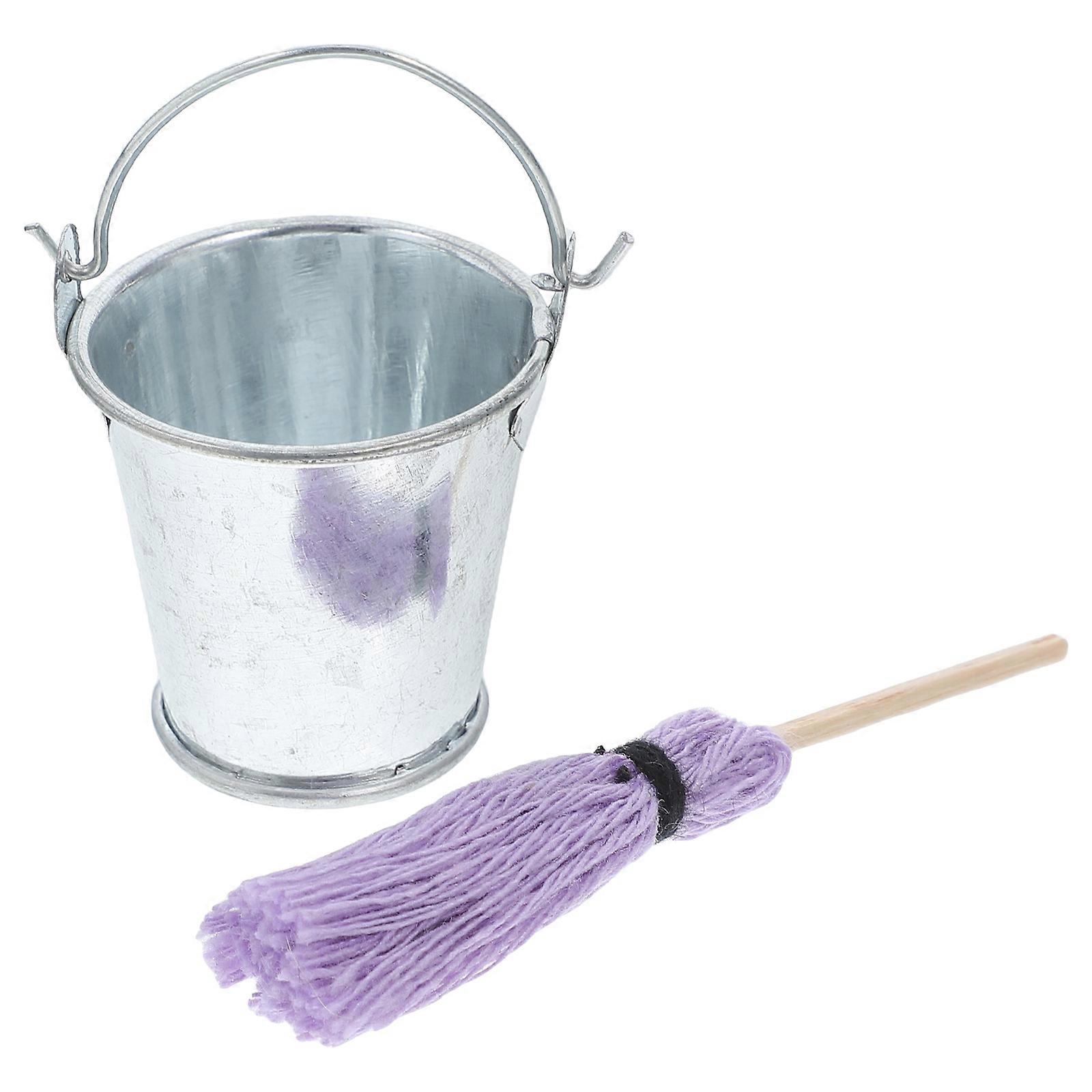 Miniature Mop and Tin Bucket Set – Lightweight, Sturdy Cleaning Tools for Dollhouse Accessories with Detailed Craftsmanship for Educational Play