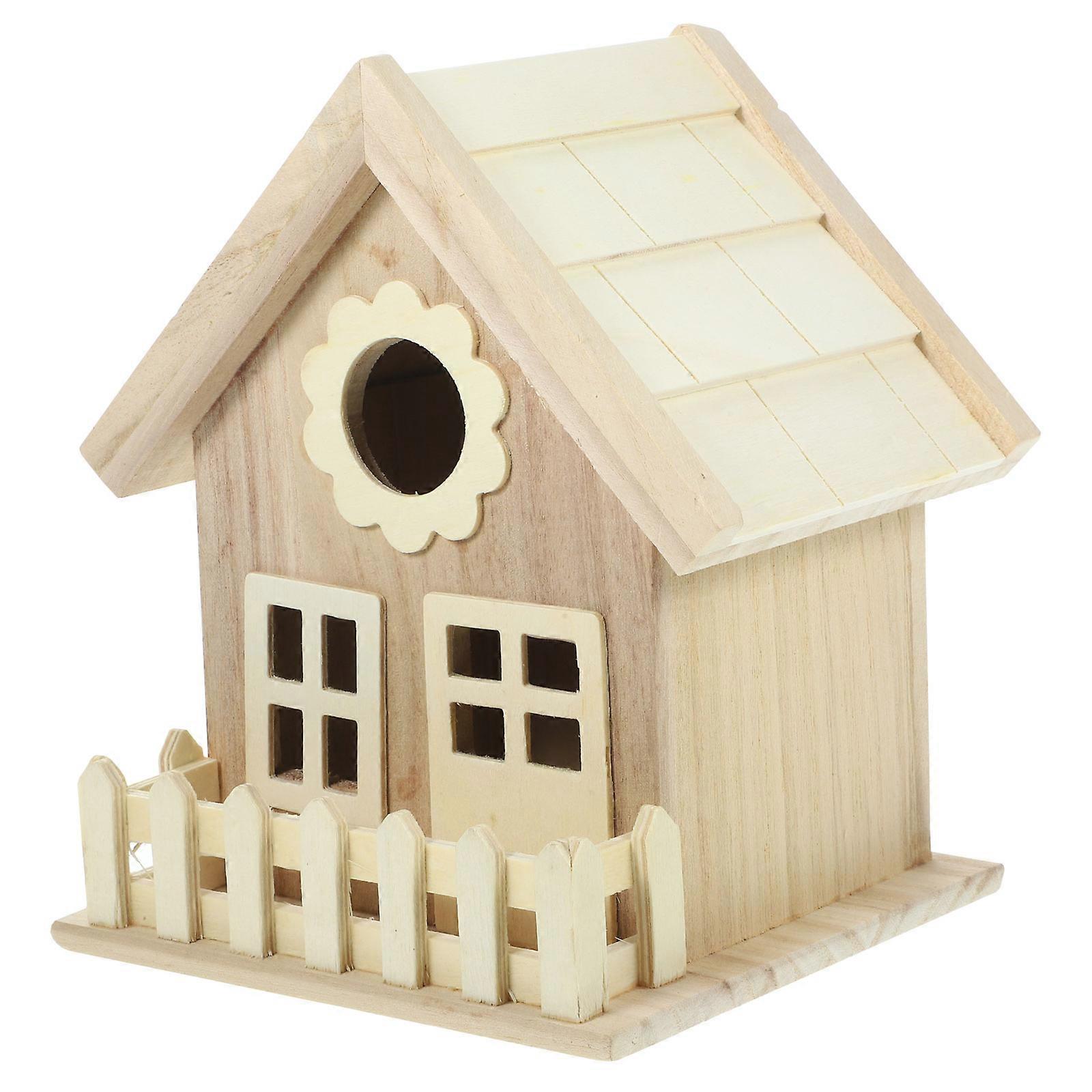 Durable Wooden Bird House with Feeding Trough Stand for Outdoor Patio Use