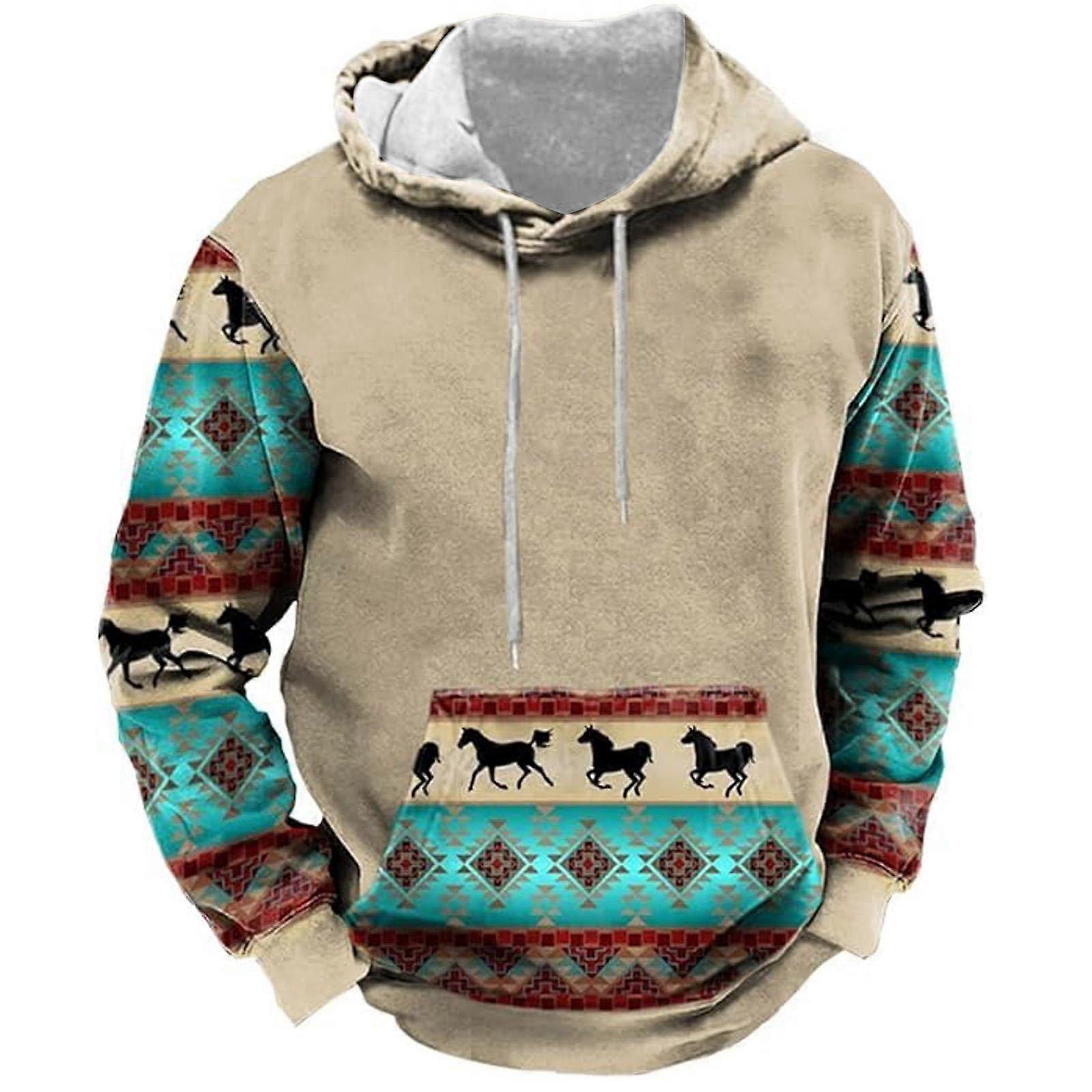 Hoodie Men's Aztec Pullover Vintage Sweatshirt with Hood in Khaki XL Y2K Folkloristic Casual Style 2024