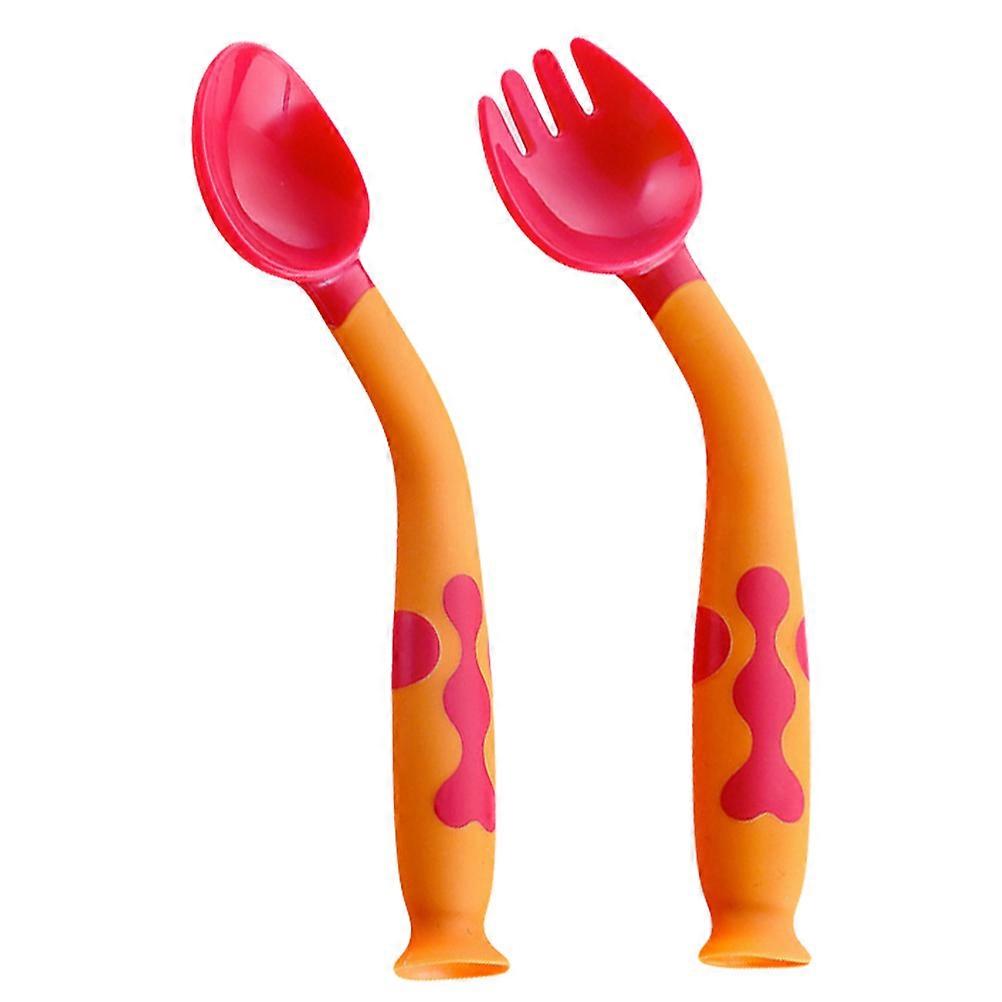 Baby Learning Spoon Fork Set 1 Pair Mealtime Training Round Smooth Head Baby Assistant Design Red