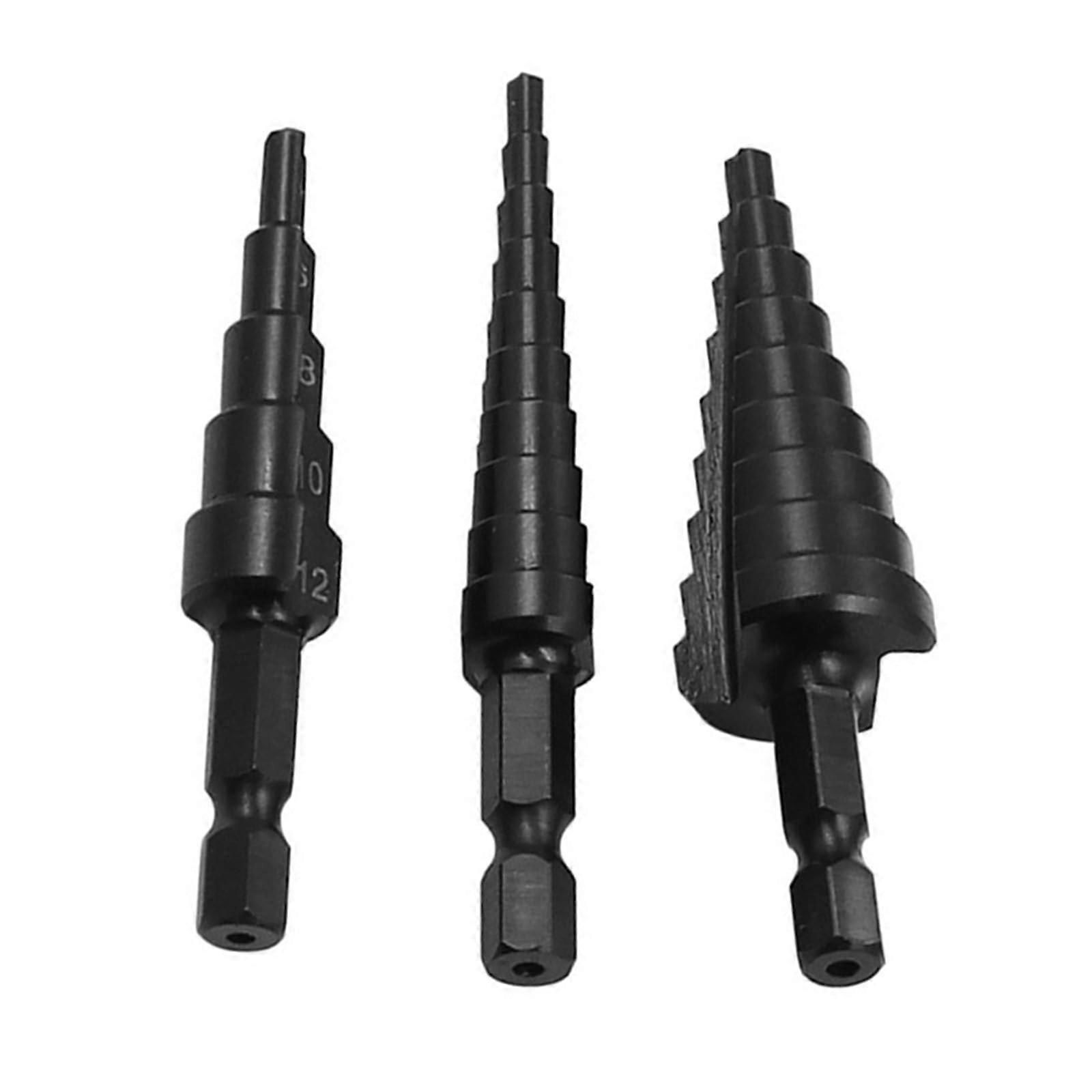 3 PIECES Step Drill Bits 3 PIECES HSS Step Drill Bit Set Taper Hole Cutter Cone Metric Nitriding Hex Core Drill (Size: Black)