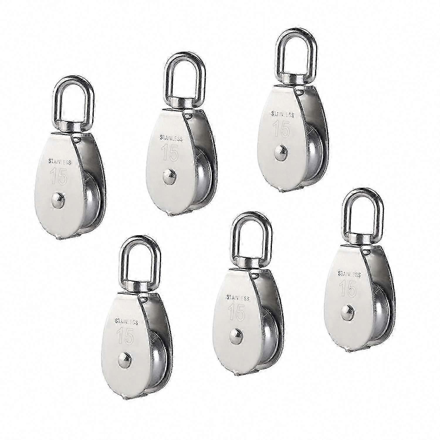 M15 304 Stainless Steel Single Pulley Block Roller with Swivel Hook for Wire Rope Cable Loading 35kg (6 Pack)