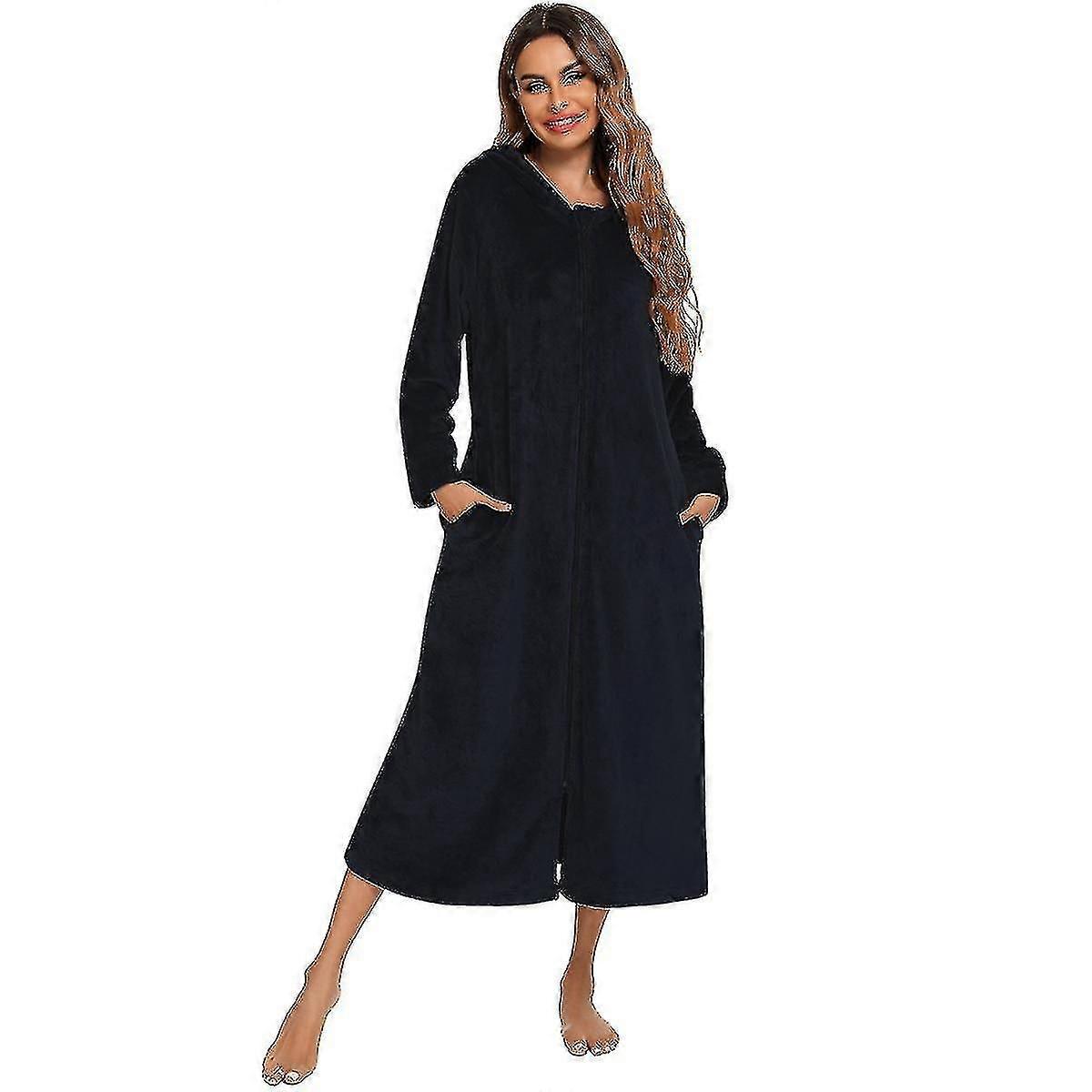 Women's Plush Fleece Robe, Hooded Bathrobe, Long Winter Dressing Gown with Zipper