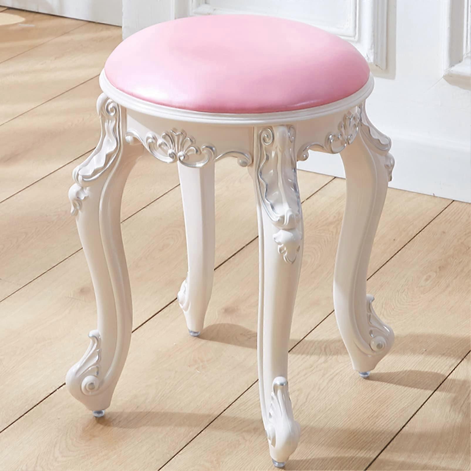 Ground Vanity Stool, Padded Piano Seat, ABS Plastic & Steel Legs, 43cm, Silver Traced Pink Leather, Bedroom & Bathroom