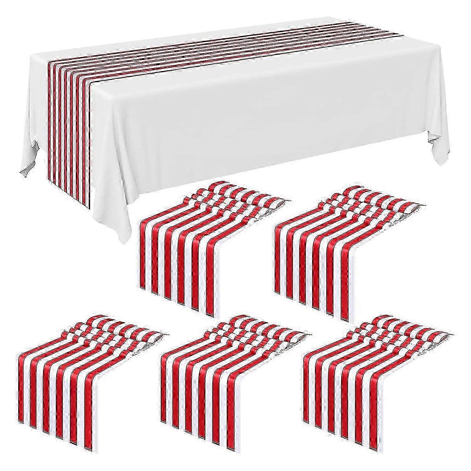 6 Pieces Striped Table Runner Wedding Polyester Table Decor Red White Striped Design Tablecloth Dec