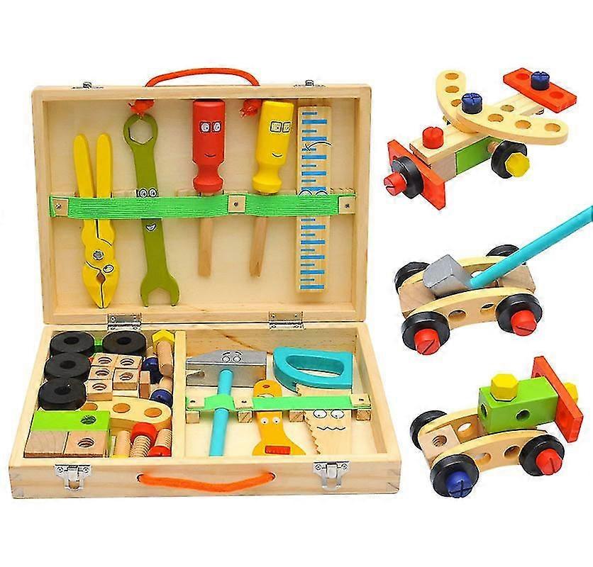 Children's tool kit, wooden tool box with wooden tools, building toy set, educational STEM building