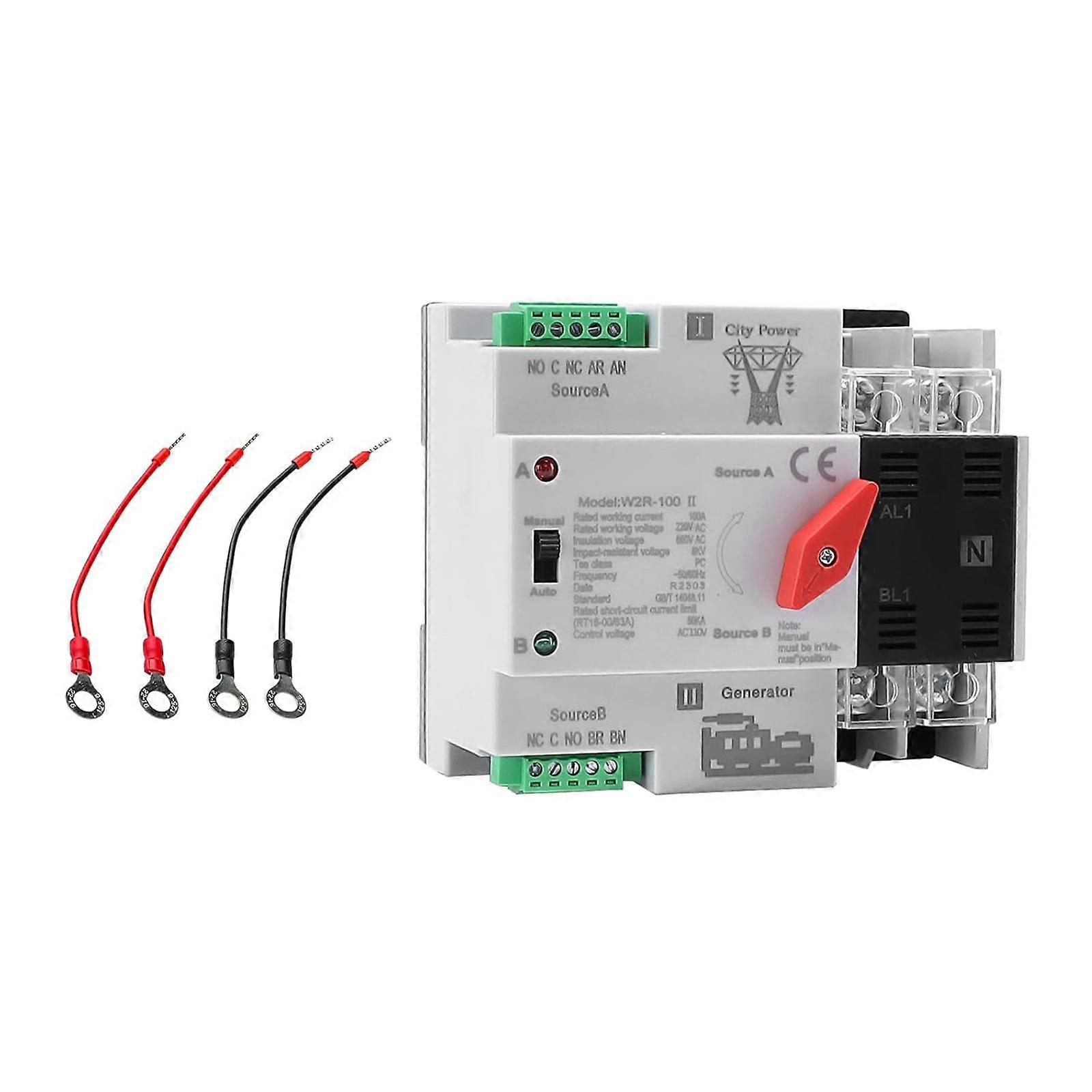 2P 100A Changeover Switches Din Rail ATS Double Power Automatic Transfer Switches Controller for Home Generator Multicolor