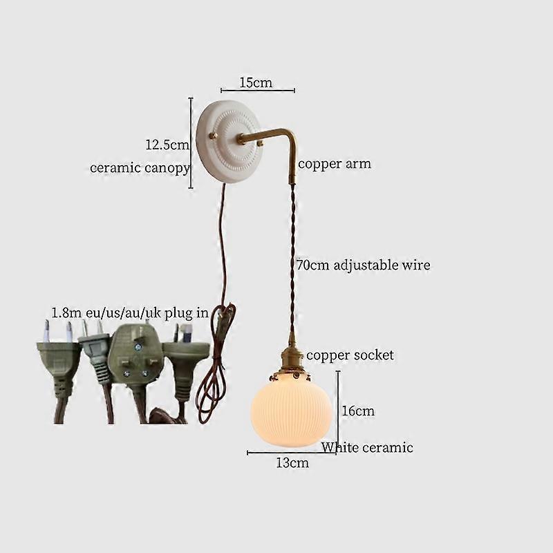 Pull Chain Switch LED Wall Sconce Lamp Adjustable Wire Living Room Mirror Bedside Lamp Stripe Ceramic Copper Aplique Pared