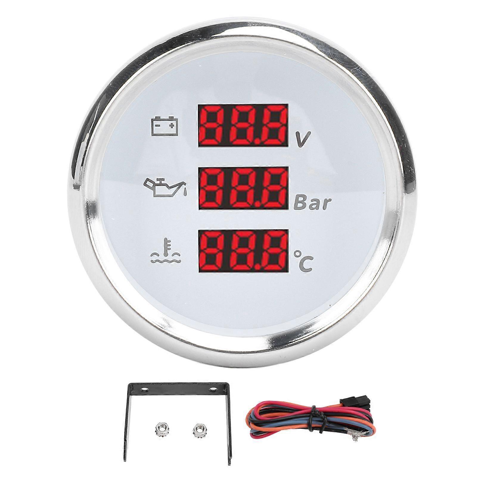 52mm Voltage Oil Pressure Water Temp Gauge Red Backlight Waterproof Digital Water Temp Oil Pressure Voltmeter for Boat Yacht RV 9 to 32VDC White Dial