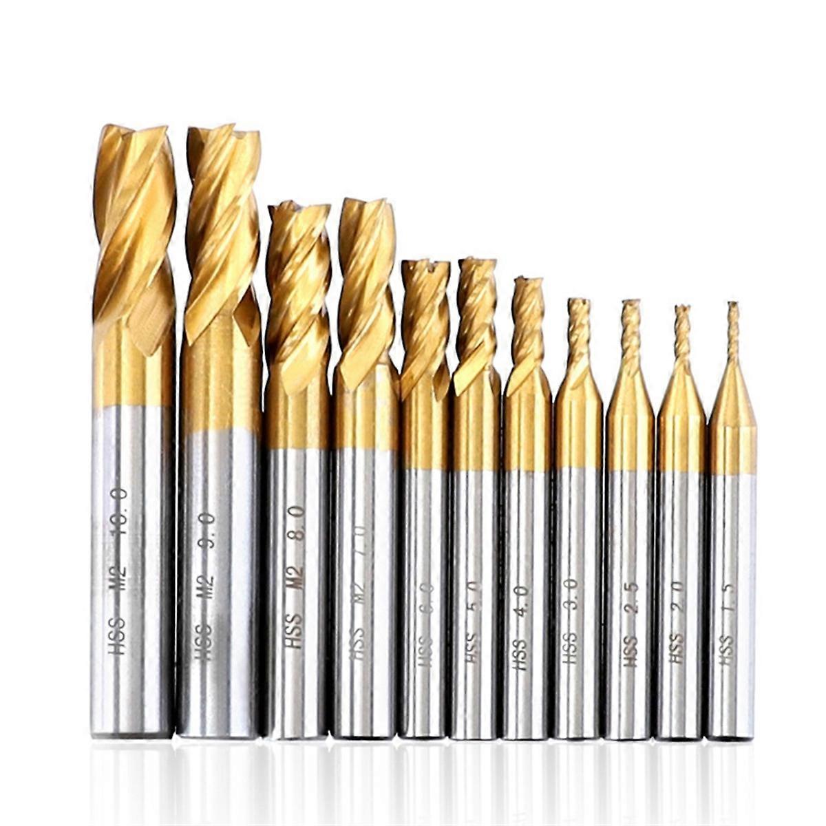 11Pcs Milling Cutters 4-Flute Titanium Coated HSS End Mill Set