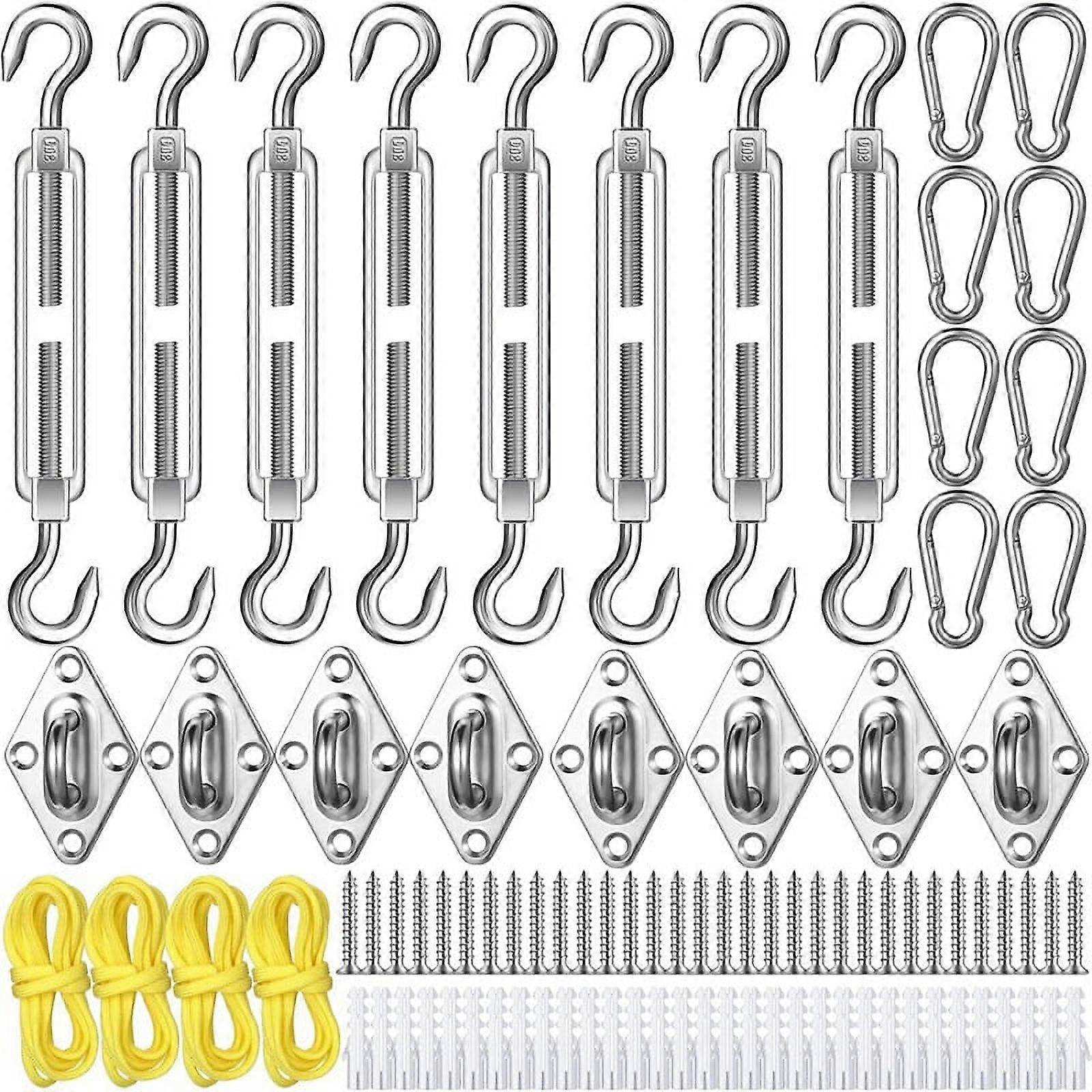 92 Pieces Shade Sail Hardware Kit Rust-Proof Shade Hardware Kit for Triangle Rectangle Shade Sail Installation Silver