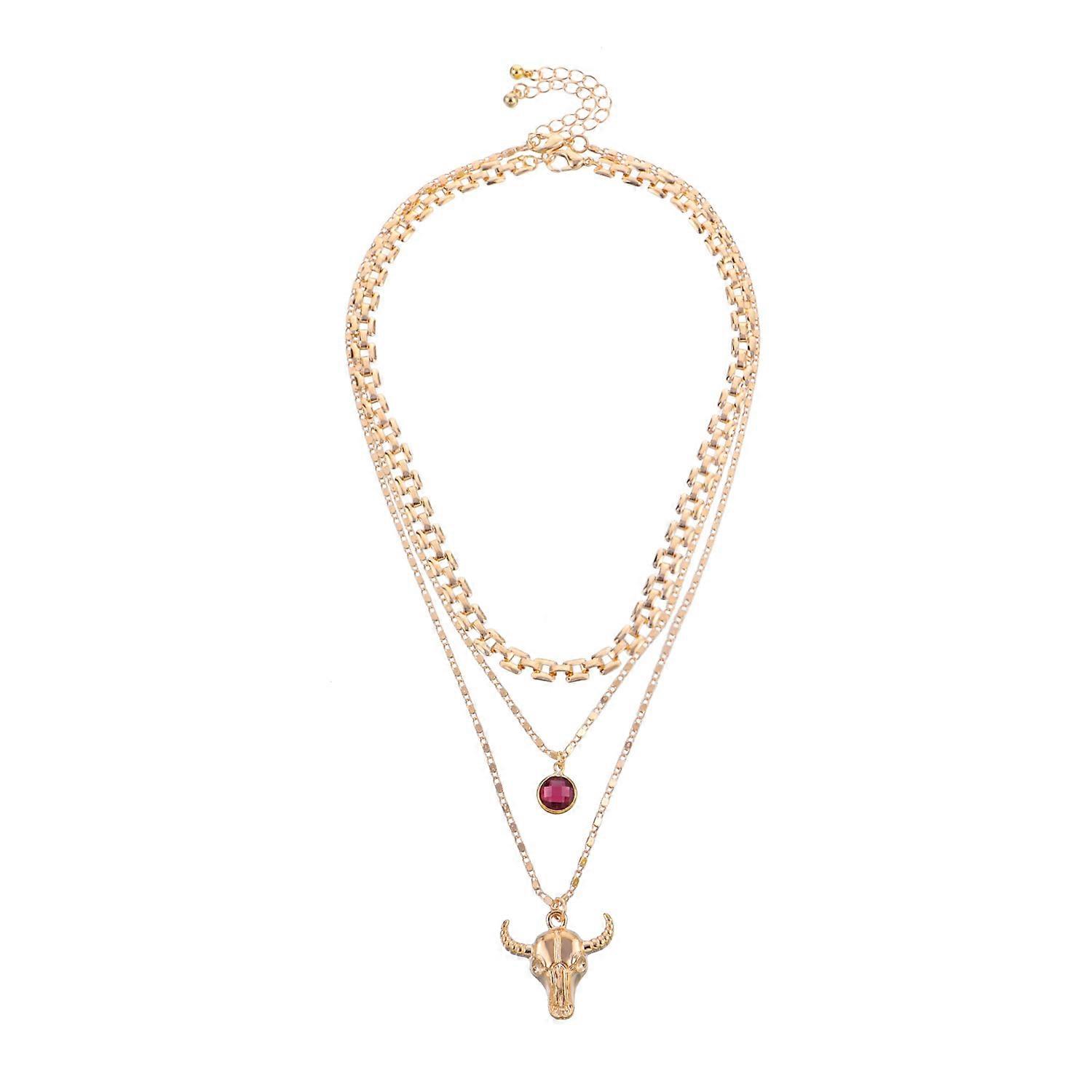 Necklace, Women's Fashion Double Layer Cow Head Design with Ruby, Elegant Trendy