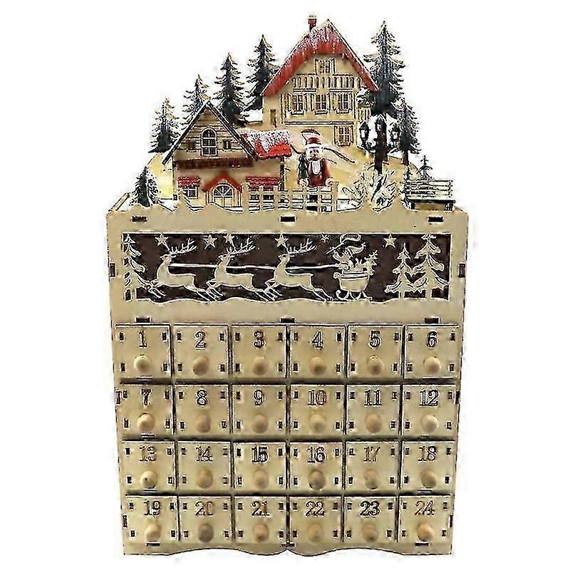 Christmas Wooden Advent Calendar LED Lighted Village House Countdown Drawer Box