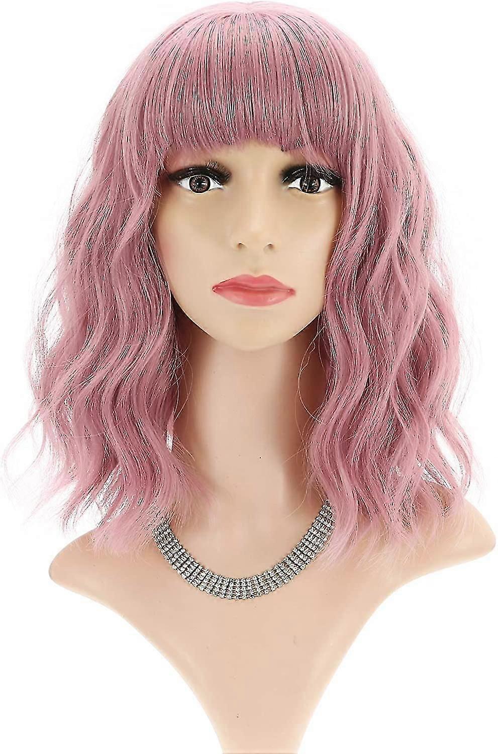 Short Wave Wigs With Bangs Shoulder Length Women's Short Wig Curly Wavy Synthetic