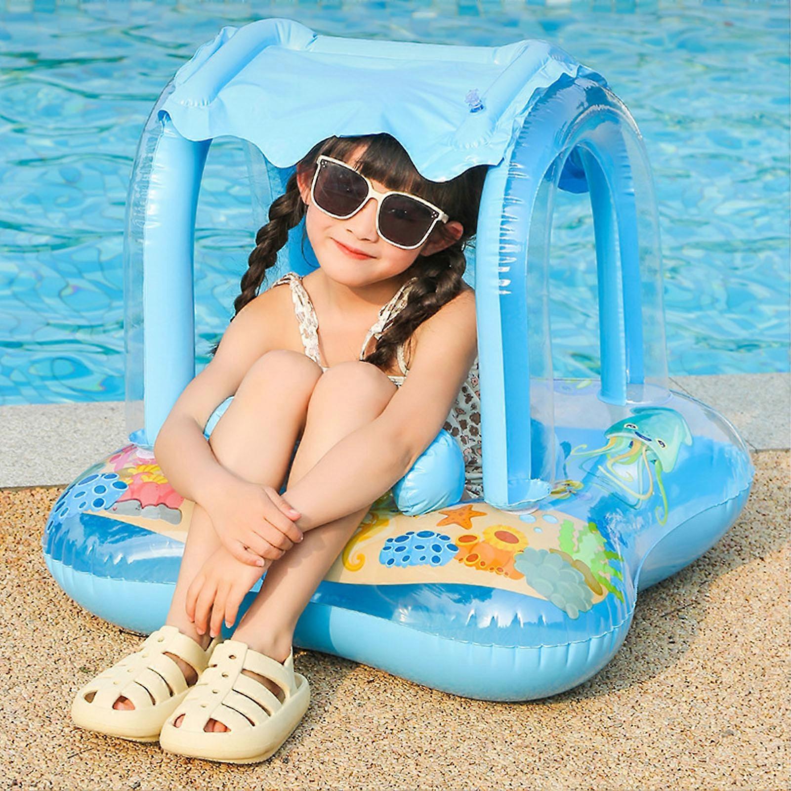 Baby Pool Float Sunshade Swim Ring Infants Seat Boat Inflatable Toy with Awning Handle Small Bell Blue 
