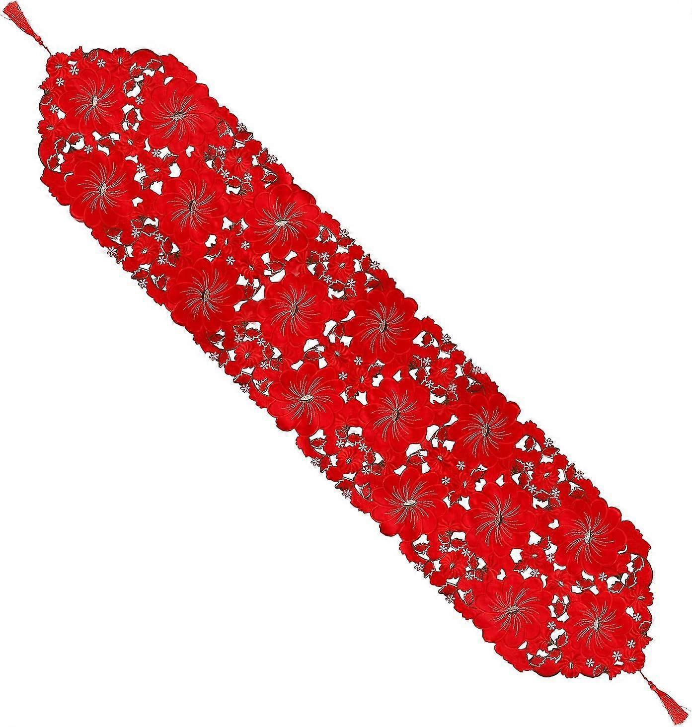 Christmas table runner embroidered with festive flowers for dining