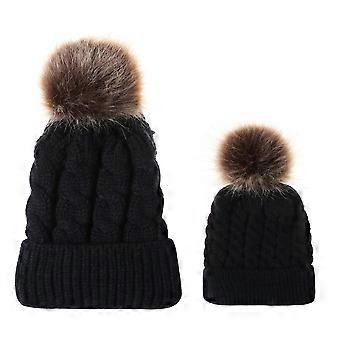 Black Mother's Hat, Size M (56-58cm) - Autumn/Winter Warm Cable Knit Hat for Women and Children, Faux Raccoon Fur Pom-Pom Wool Hat