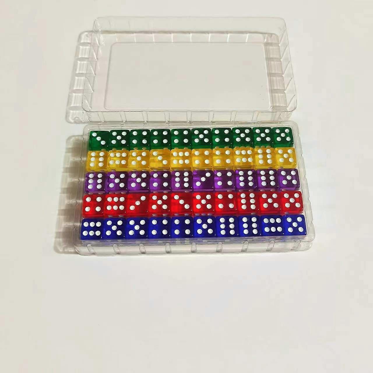 Pack of 50 16mm colorful transparent dice with 6 sides 5 colors