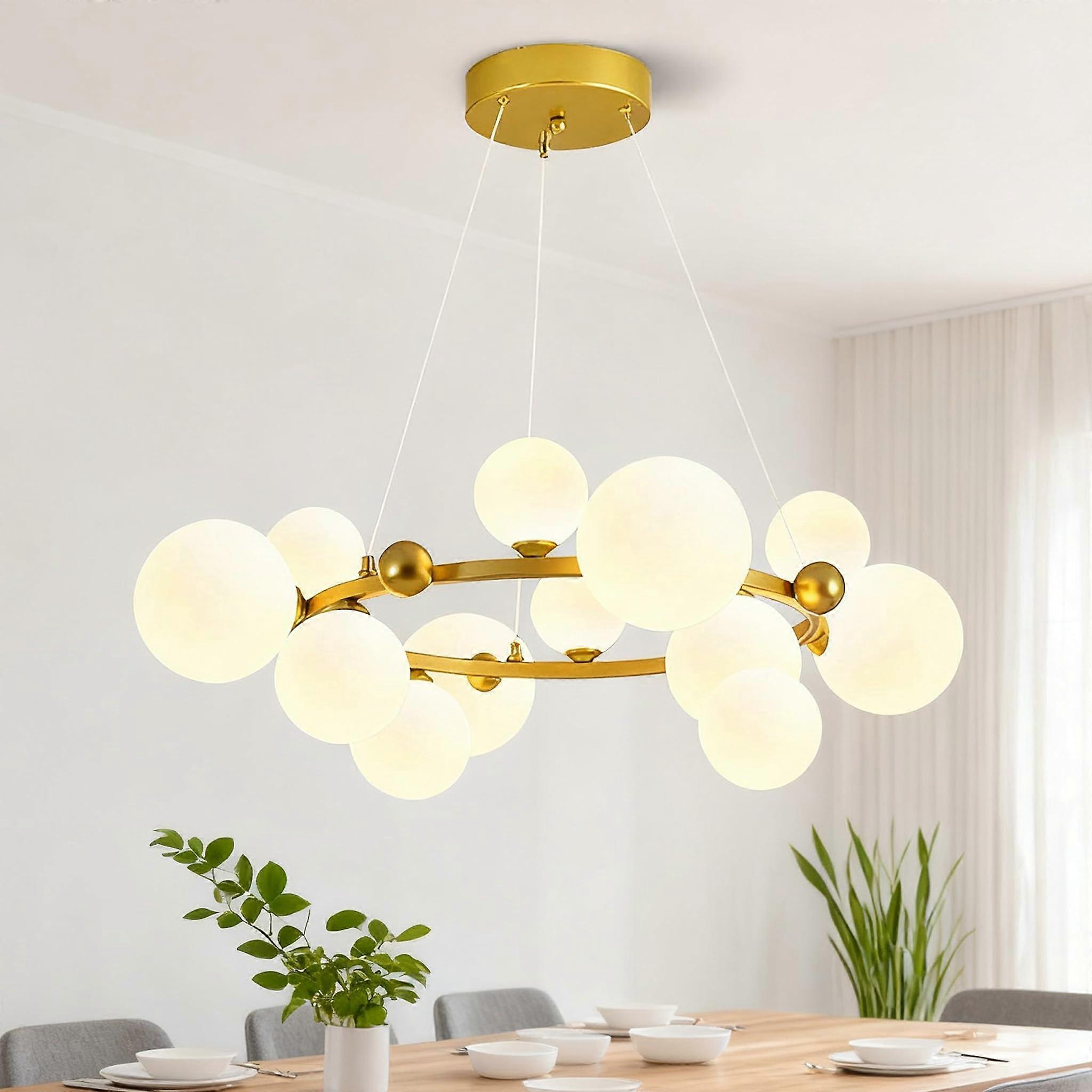 Modern Globe Chandelier 12 Light Gold Frame with Frosted Glass Globes Adjustable Mid Century Pendant