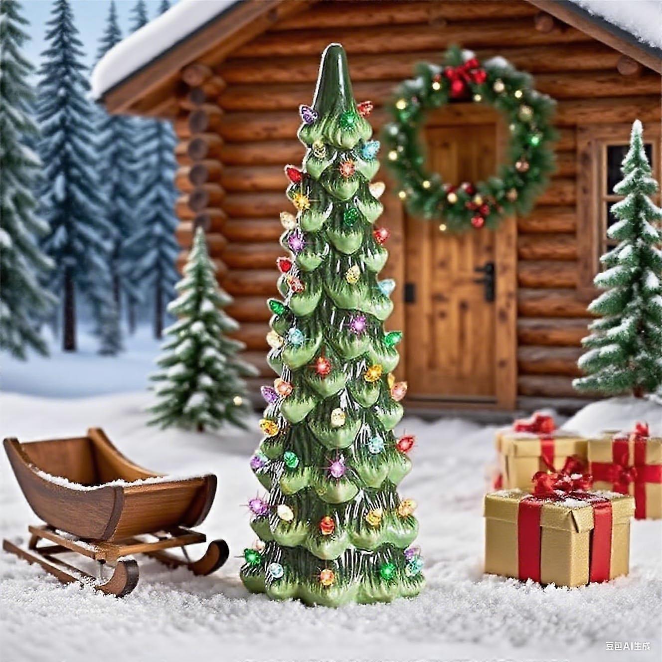 Tabletop Christmas Tree with Multicolor LED Lights, Battery Operated Timer, Vintage HandPainted 10in