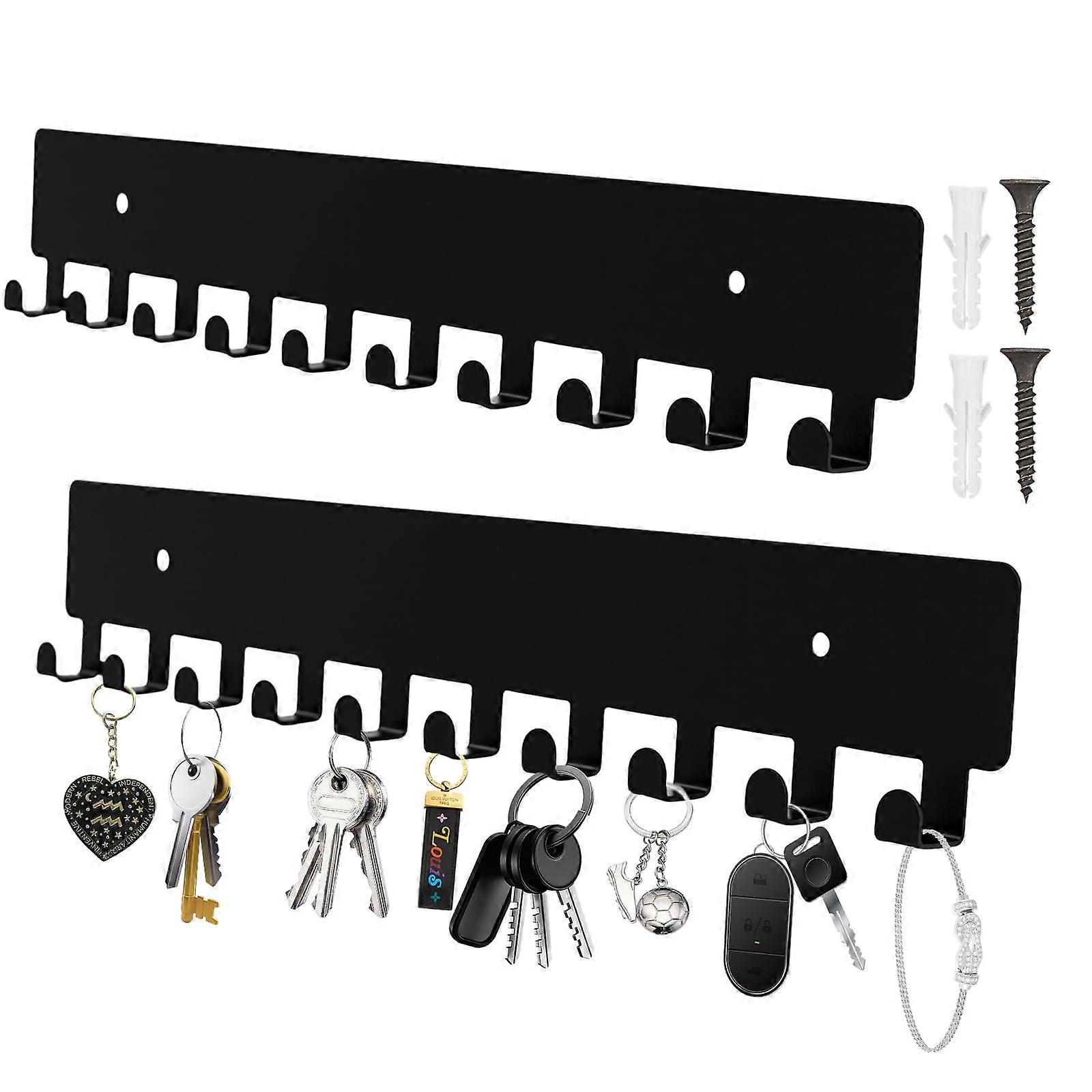 Dual Pack Key Holder Wall Mount with 10 Hooks for Entryway and Kitchen, Black SpaceSaving Rack