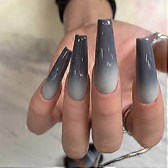 Mattes Ombré-Set, lange, künstliche Acrylnägel in Sargform zum Aufkleben, 24 Stück, Grau, ohne Kleber