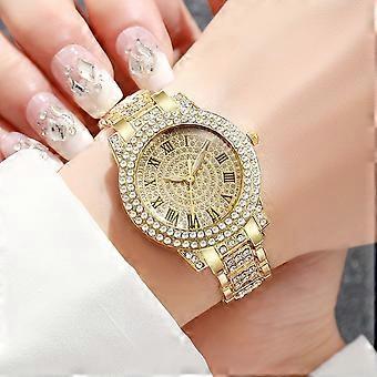 Women's Rhinestone Starry Sky Watch, Gold-Tone Alloy Bracelet with Roman Numeral Dial, Elegant Birthday Gift for Her