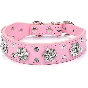 Pretty Bling Bling Rhinestone Dog Collar - Diamond Flower Pattern (Pink M) - Suitable for Small and Medium Dogs