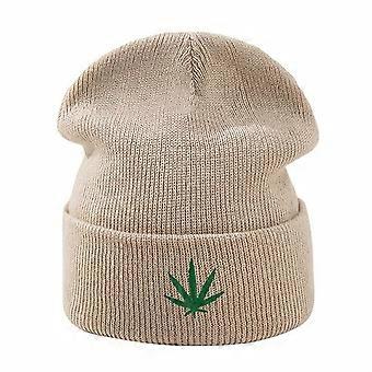 Embroidered Green Leaf Knit Beanie, Unisex Warm Cuffed Winter Hat, Brimless Hip Hop Cap for Autumn Outdoor Casual Streetwear