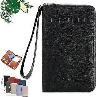 RFID Blocking Passport Wallet Waterproof PU Leather Travel Organizer for Men and Women Black