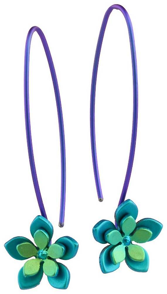 Ti2 Titanium Double Five Petal Flower Drop Earrings - Green