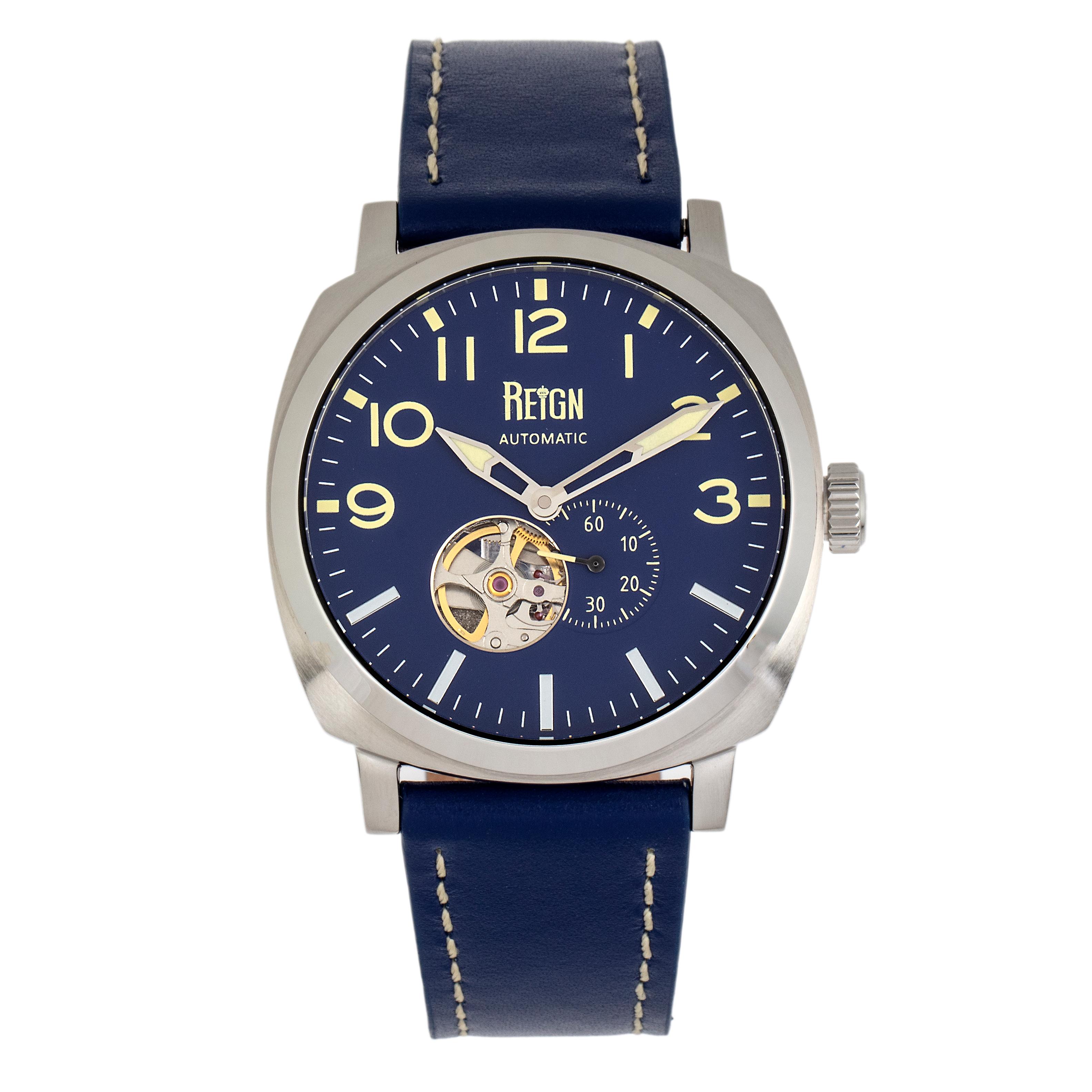 Reign Napoleon Automatic Semi-Skeleton Leather-Band Watch - Silver/Blue